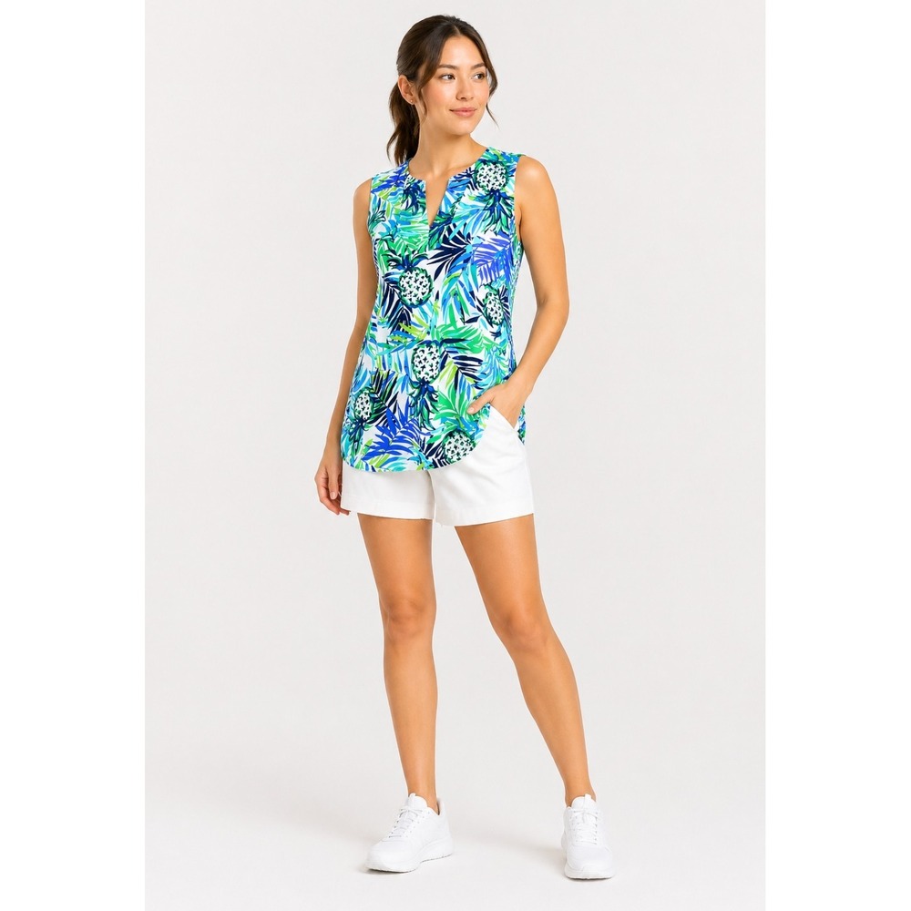 Sunsets & Sweet Tea  Women XL  Blue Green Tropical Print Travel Sleeveless Top